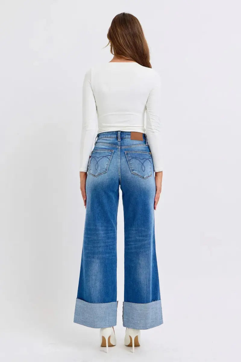 Judy Blue Full Size Distressed High Waist Wide Leg Jeans - Love Salve